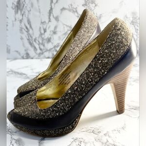 Gold Brown Tweed Black Leather Wood Heel Open Toe Pumps Sz 8.5